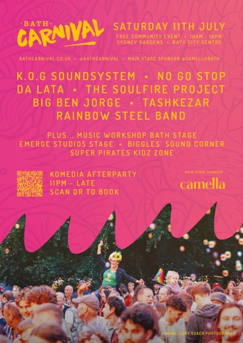 Bath Carnival has revealed its 2026 main stage acts, family activities and community programme ahead of the free festival in Sydney Gardens on 11 July.