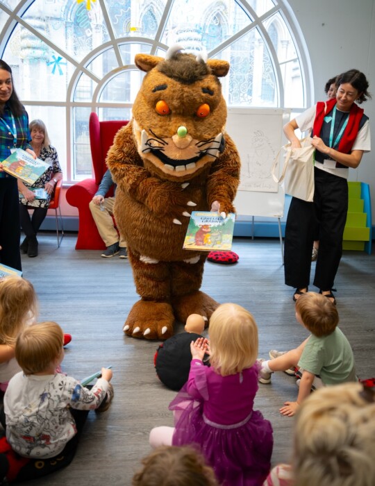 Dame Julia Donaldson and Axel Scheffler surprised Bath nursery children with a special Gruffalo Granny storytime at Bath Central Library.